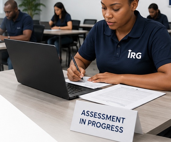 Learners in IRG shirts during an assessment at the IRG Assessment Centre